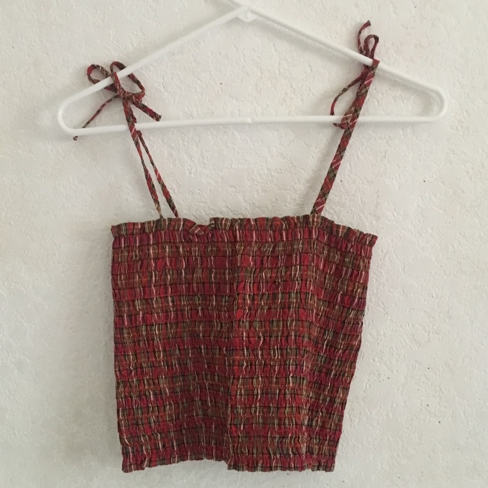 VINTAGE PLAID SHIRRED TIE STRAP TOP
